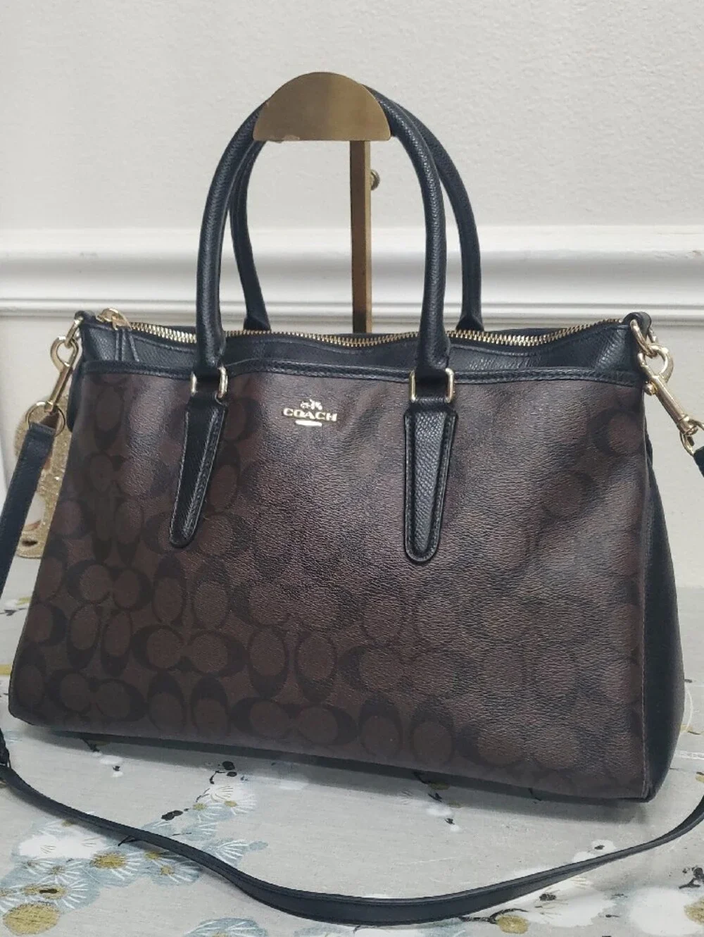 Coach Morgan Brown Signature Satchel with Black Trim